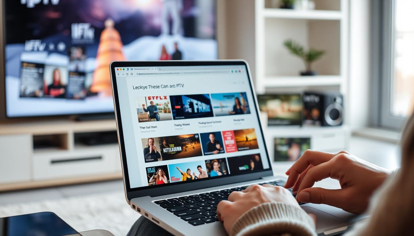 Person comparing OTT and IPTV services on laptop with multiple screens