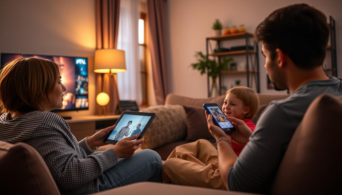 Happy family enjoying content on multiple devices using OTT IPTV service