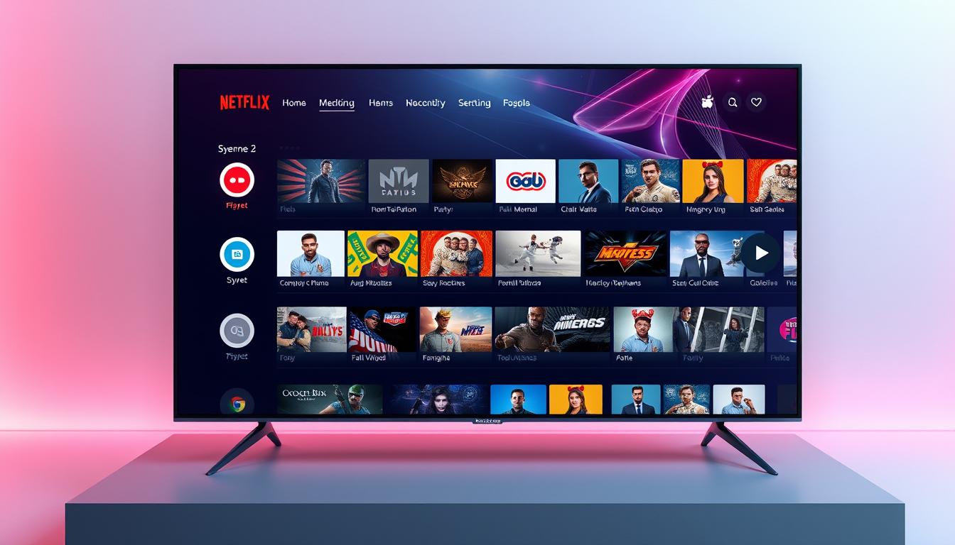 Futuristic interface showing integrated OTT IPTV platform with multiple content sources
