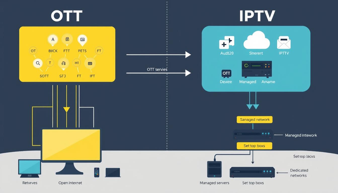Diagram showing OTT and IPTV infrastructure differences with internet connections and devices