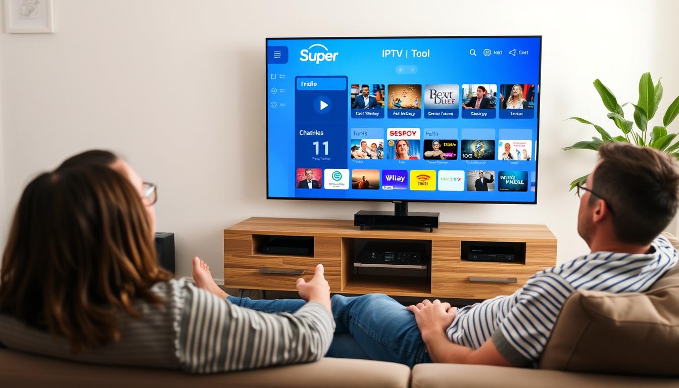 Person enjoying content on TV with Super IPTV Tool interface visible