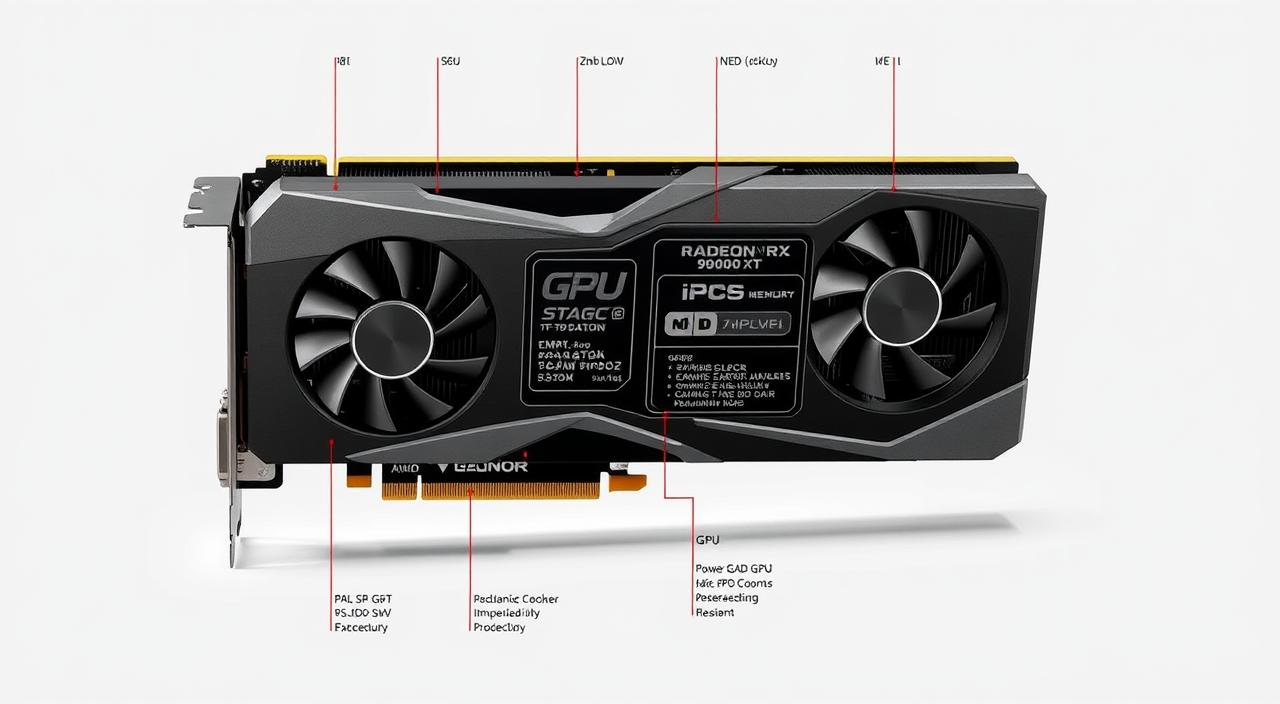 A high-resolution, detailed technical illustration of the AMD Radeon RX 9060 XT graphics card. The card is depicted in a clean, well-lit studio setting, showcasing its sleek, angular design with sharp edges and a prominent cooling solution. The illustration provides a clear overview of the card's key specifications, including its GPU architecture, memory configuration, connectivity options, and power requirements. The foreground focuses on the card itself, with a neutral gray or white background that allows the hardware details to stand out. Subtle shadows and reflections add depth and realism to the image. The overall mood is informative and technical, suitable for an article covering the release and specifications of this new GPU.