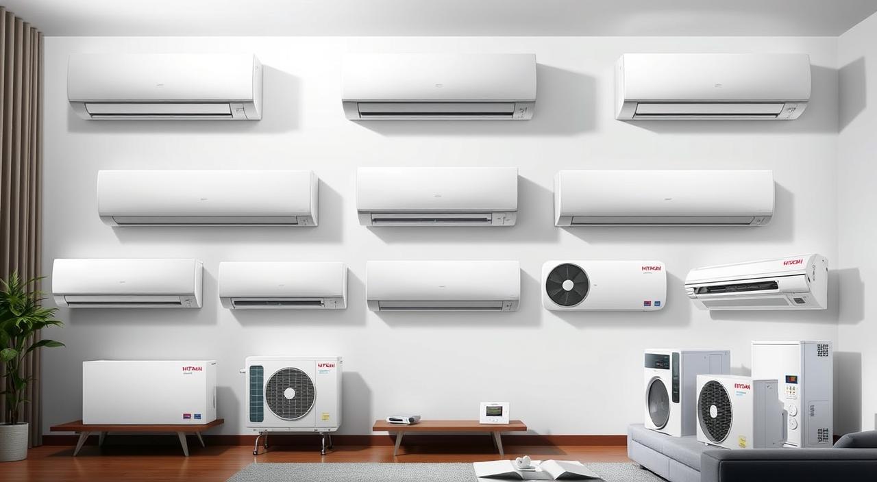 A well-lit, high-resolution image showcasing the top 10 Hitachi air conditioner units. The foreground features the flagship models, each showcased in detailed, photorealistic renderings from multiple angles, highlighting their sleek designs, advanced features, and energy-efficient technologies. The middle ground presents the units installed in a modern, minimalist home interior, demonstrating their seamless integration into the living space. The background subtly suggests the broader Hitachi product lineup, with a soft focus on additional AC models and complementary home appliances. The overall scene conveys a sense of sophistication, innovation, and the transformative power of Hitachi's climate control solutions to enhance indoor comfort and lifestyle.