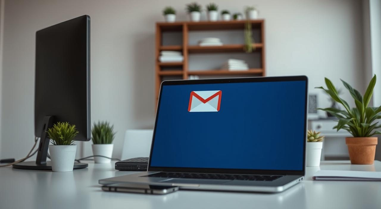 A well-organized home office with a desktop computer, laptop, and smartphone in the foreground. In the middle ground, a Gmail interface window is displayed on the laptop screen, indicating a "storage full" message. The background features a clean, minimalist wall with a bookshelf and a few potted plants, creating a serene and organized atmosphere. The lighting is soft and natural, emphasizing the workspace's clarity and efficiency. The overall scene conveys a sense of productivity and a practical solution to the Gmail storage issue.