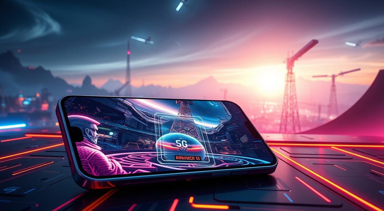 A futuristic vision of gaming technology advancements in smartphones. In the foreground, a sleek, edge-to-edge display showcases vibrant, high-resolution graphics of a immersive gaming experience. The middle ground features a powerful, state-of-the-art processor and advanced cooling system, enabling smooth, lag-free performance. In the background, a network of 5G towers and satellites suggests lightning-fast connectivity for seamless multiplayer and cloud gaming. Subtle neon accents and a cinematic lighting setup create a dynamic, high-tech atmosphere, hinting at the future of mobile gaming.