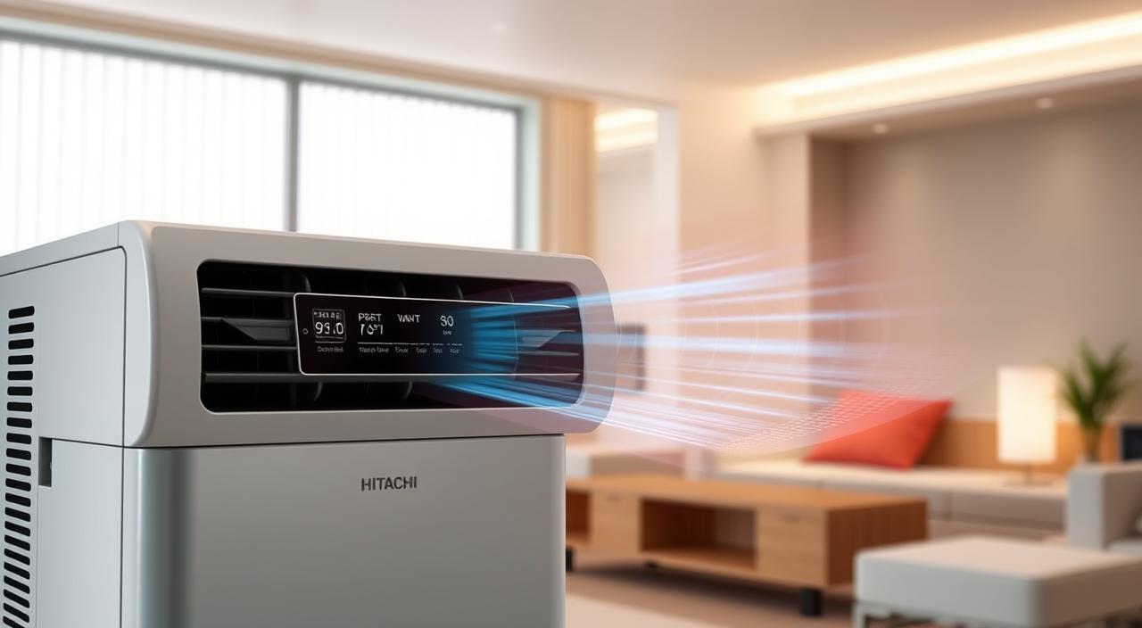 a high-quality, detailed, photorealistic image of modern Hitachi air conditioning technology, showcasing its advanced features and sleek design. The image should depict a Hitachi air conditioner unit in the foreground, with a clear view of its control panel, air vents, and other prominent components. In the middle ground, there should be a visualization of the unit's advanced cooling and heating capabilities, such as airflow patterns or temperature gradients. The background should feature a contemporary, minimalist interior setting, with clean lines and muted colors to highlight the air conditioner's integration into the living space. The lighting should be soft and natural, creating a warm, inviting atmosphere. The overall composition should convey a sense of efficiency, innovation, and technological sophistication associated with Hitachi's air conditioning solutions.