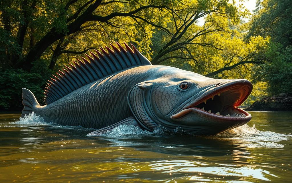 A majestic, colossal catfish swimming powerfully through a lush, verdant river. Its enormous, whisker-like barbels trailing behind, its mottled, leathery skin glistening in the warm, golden sunlight filtering through the canopy of overhanging trees. The giant's massive, cavernous mouth opens to reveal rows of sharp teeth, hinting at its fearsome predatory nature. The scene is framed by the dense, vibrant foliage of the riverbank, creating a sense of scale and emphasizing the sheer size of this remarkable freshwater behemoth.