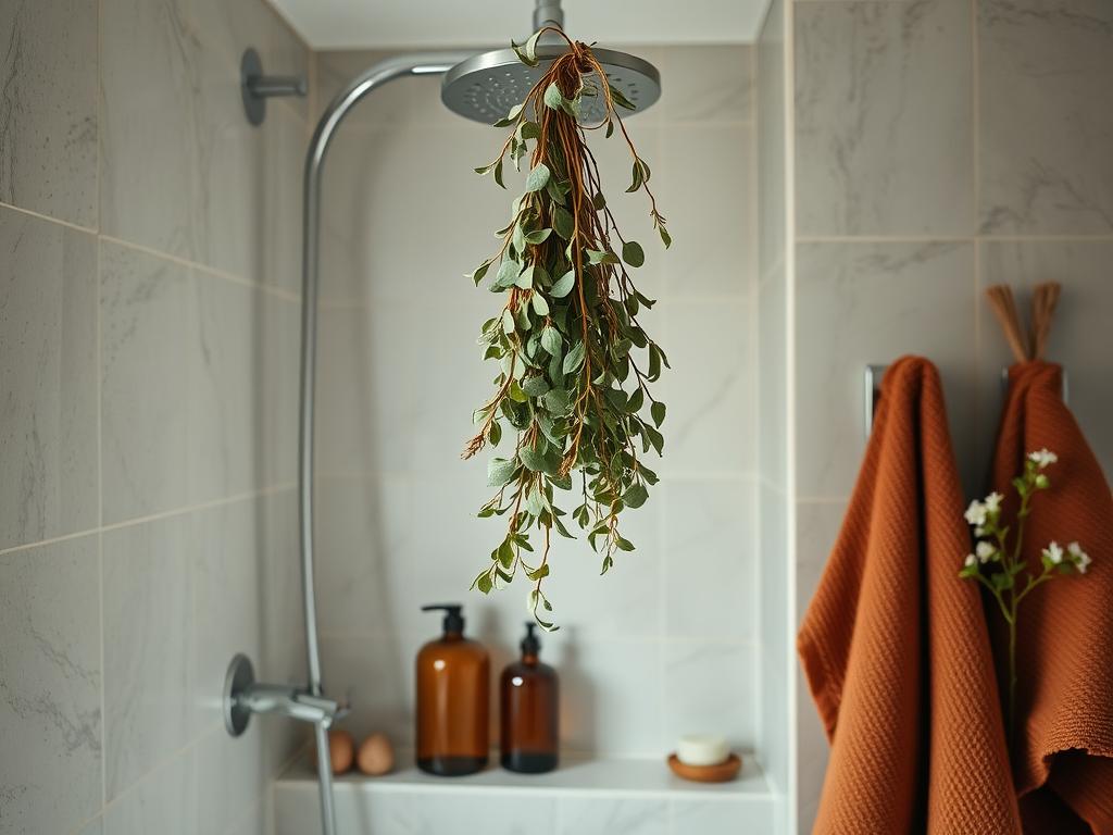 Bathroom with eucalyptus steam shower bundle and amber glass accessories