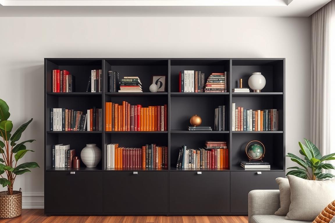 Bookshelf with books arranged in fall color gradient from burgundy to cream