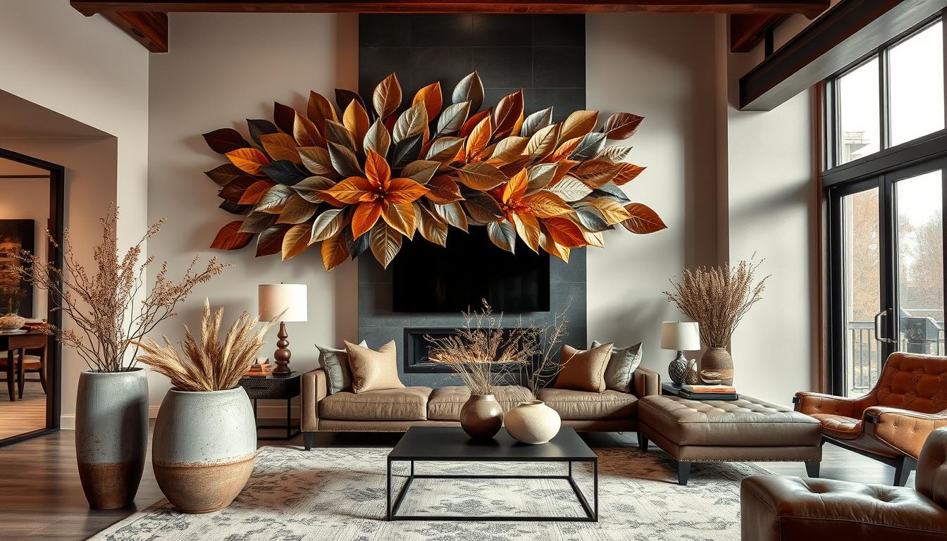 Living room with sculptural metal fall leaf installation and concrete vessels