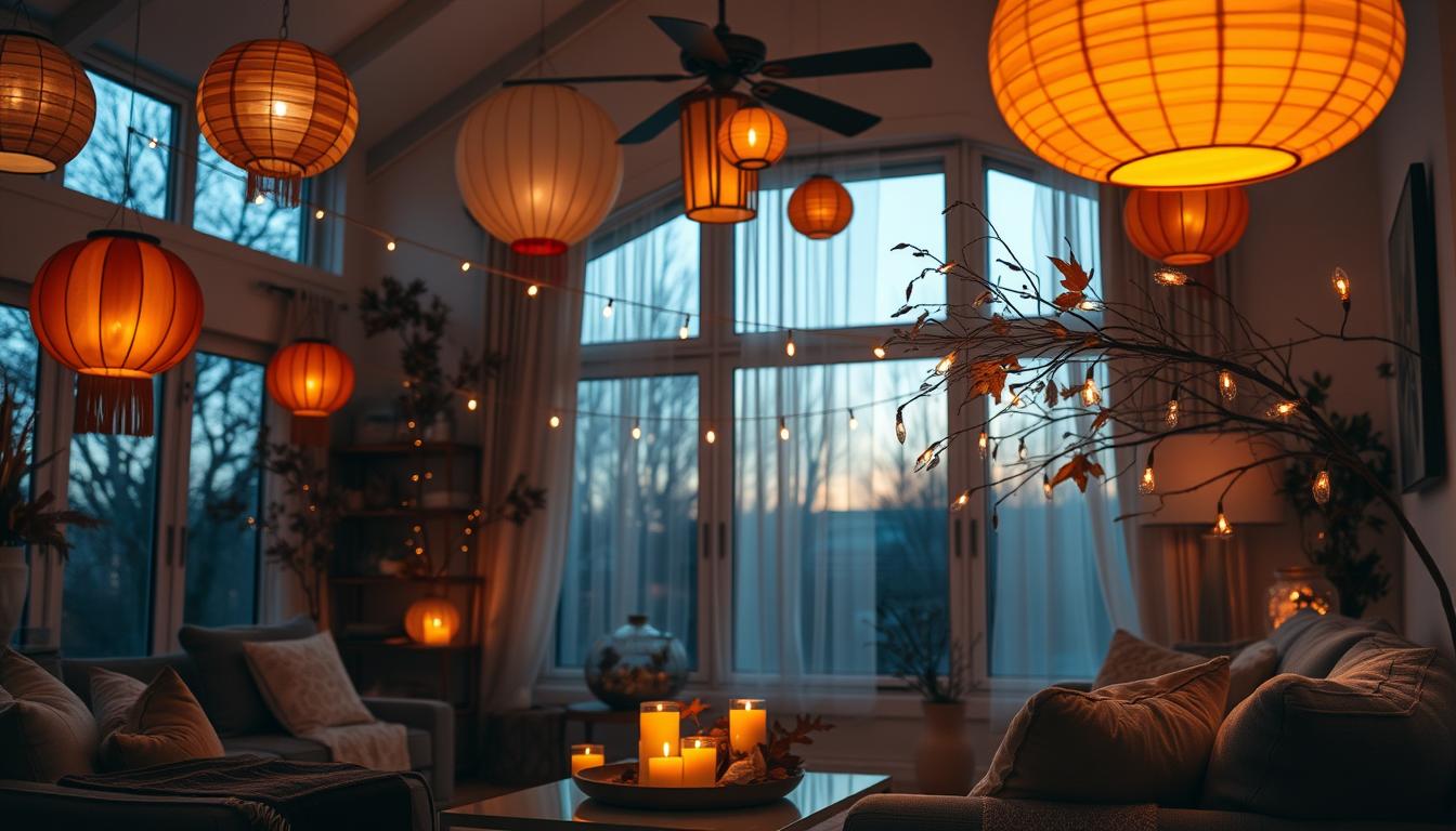 Evening living room with layered lighting including paper lanterns and candle clusters