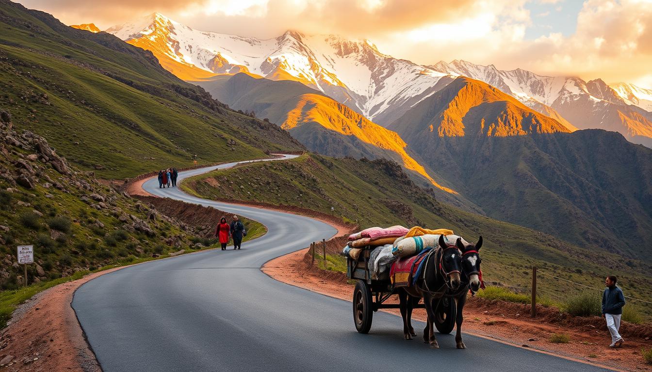 A picturesque mountain road in the Moroccan countryside, winding through lush green hills and rocky outcrops. In the foreground, a traditional Moroccan cart drawn by a pair of donkeys, carrying goods and passengers. Midground, a group of local villagers walking along the path, adorned in vibrant traditional attire. The background features rugged, snow-capped peaks, bathed in warm, golden sunlight filtering through wispy clouds. The scene exudes a sense of rustic charm and tranquility, capturing the essence of travel and transportation in the remote, rural areas of Morocco.