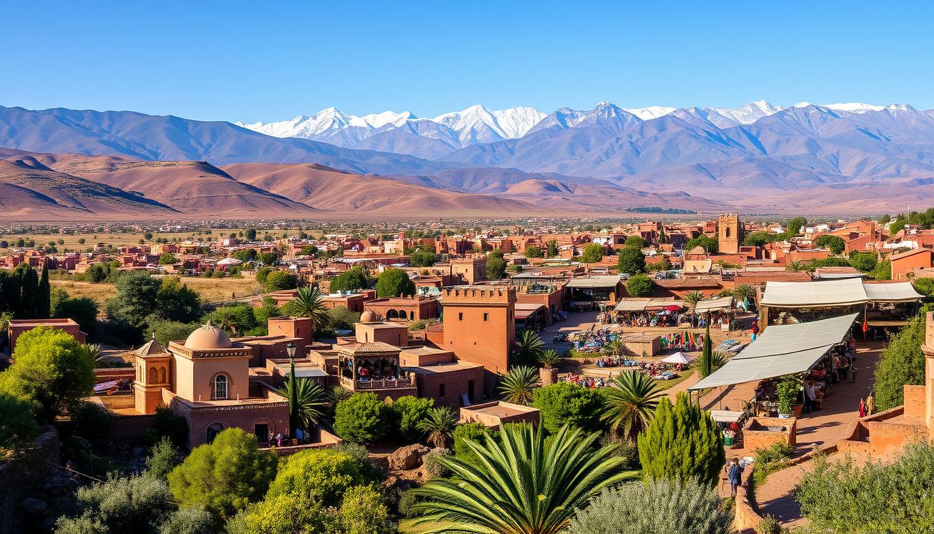 A vibrant panoramic landscape showcasing Morocco's sustainable tourism efforts. In the foreground, a traditional Moroccan village nestled amidst lush greenery, with local artisans and craftspeople showcasing their wares. In the middle ground, a bustling marketplace filled with the rich colors and aromas of spices, textiles, and handmade goods. In the background, the majestic Atlas Mountains rise, their snow-capped peaks reflecting the clear blue sky. The scene is bathed in warm, golden sunlight, creating a serene and inviting atmosphere that highlights Morocco's commitment to sustainable tourism and preservation of its cultural heritage.