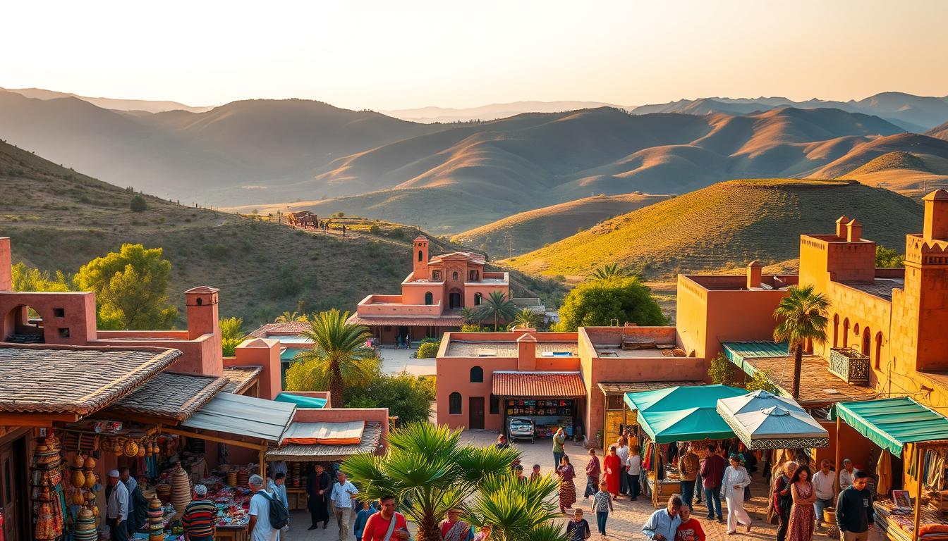 A vibrant landscape showcasing the harmony between Moroccan culture and sustainable tourism. In the foreground, a bustling marketplace with local artisans and vendors, their colorful wares reflecting the rich heritage. The middle ground features traditional Moroccan architecture, its intricate patterns and vibrant hues complementing the natural environment. In the background, rolling hills and verdant valleys, where eco-lodges and hiking trails invite visitors to immerse themselves in the country's breathtaking natural beauty. Warm, golden lighting illuminates the scene, evoking a sense of prosperity and balance between economic growth and environmental stewardship.