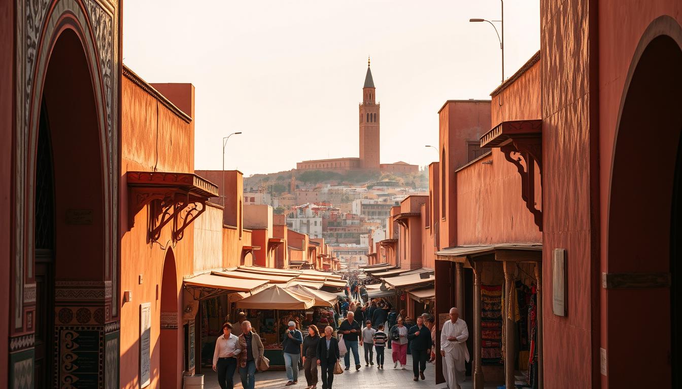 A vibrant Moroccan cityscape, with traditional architecture and cultural landmarks bathed in warm, golden sunlight. In the foreground, ornate doorways and intricate tile work invite exploration. The middle ground reveals bustling marketplaces, where vendors offer handcrafted textiles and artisanal wares. In the background, the iconic silhouette of a historic mosque or palace towers majestically, a testament to Morocco's rich heritage. The scene radiates a sense of timelessness, where modern life coexists harmoniously with ancient traditions, creating a captivating and immersive cultural experience.