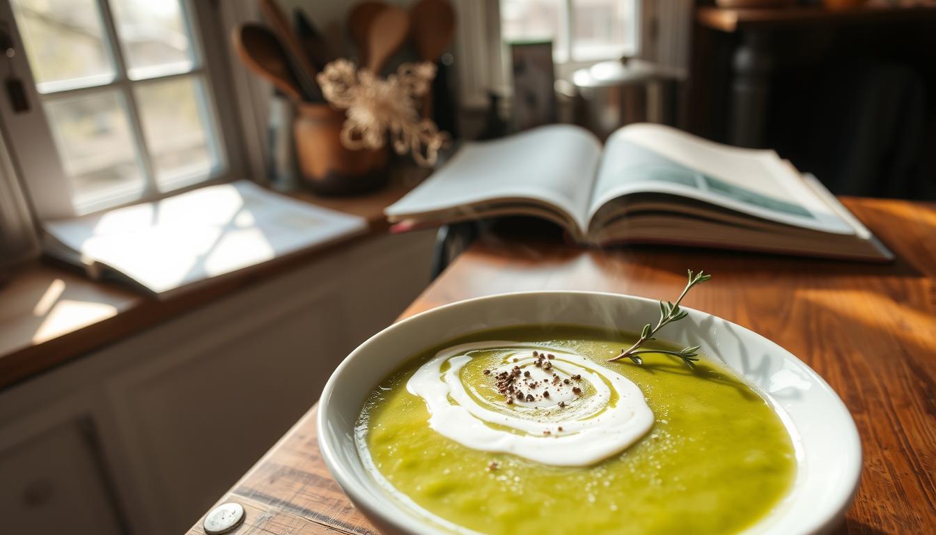 Pea Soup Recipe 5 Healthy Twists You’ll Absolutely Love 3 A cozy kitchen scene with a steaming bowl of homemade pea soup on a wooden table. The soup is garnished with a swirl of cream, freshly cracked black pepper, and a sprig of fragrant thyme. Bright natural light filters in through a nearby window, casting a warm glow on the scene. In the background, a few simple cooking utensils and an open cookbook suggest the process of preparing this nourishing dish. The overall mood is one of comfort, simplicity, and the satisfying act of home cooking.