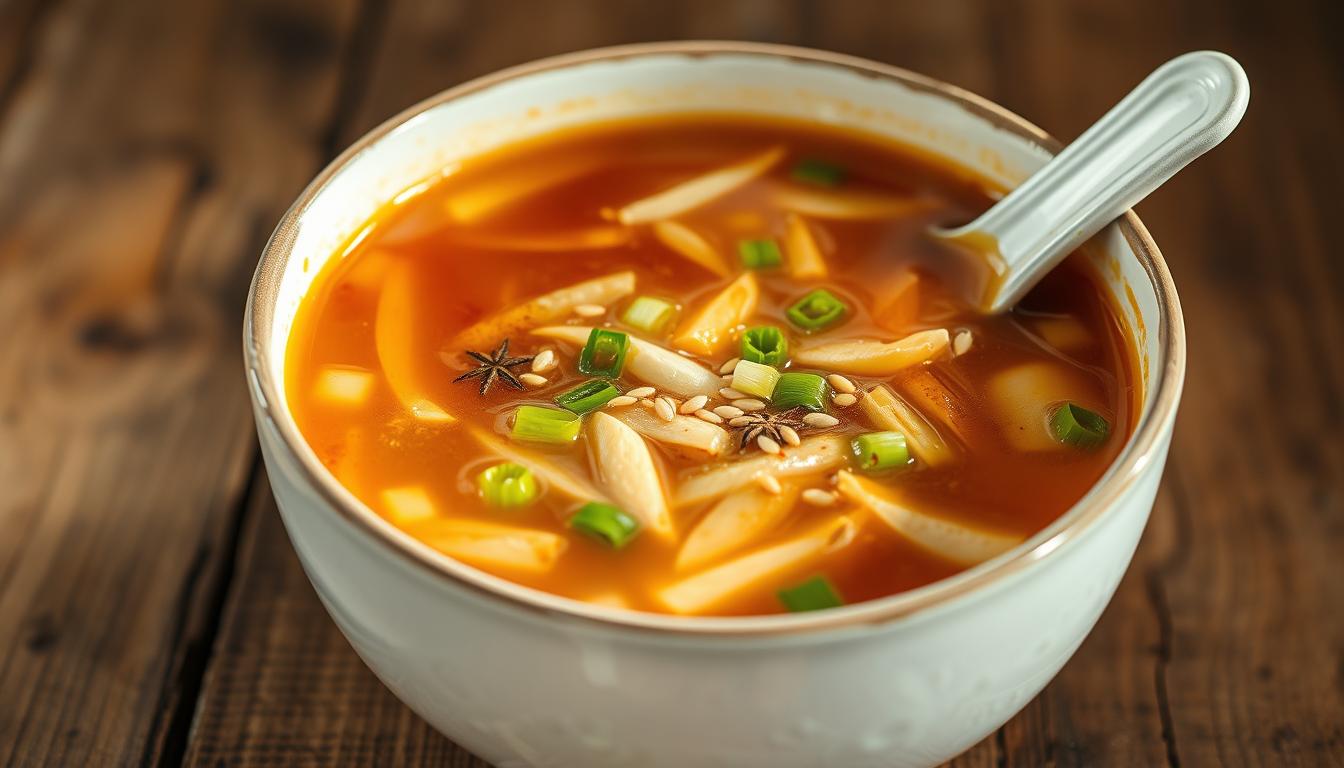 Hot and Sour Soup: 10 Quick Ways to Make It Healthier 2 A steaming bowl of arrowroot hot and sour soup, set against a rustic wooden table. The broth is a rich, amber hue, flecked with slivers of tender arrowroot and aromatic spices. Vibrant green scallions and a sprinkle of toasted sesame seeds add a contrast of color and texture. Soft lighting from above casts a warm glow, highlighting the soup's natural thickening properties without the need for excessive cornstarch. The overall scene conveys a sense of simplicity and nourishment, perfectly capturing the essence of a healthier take on this classic dish.