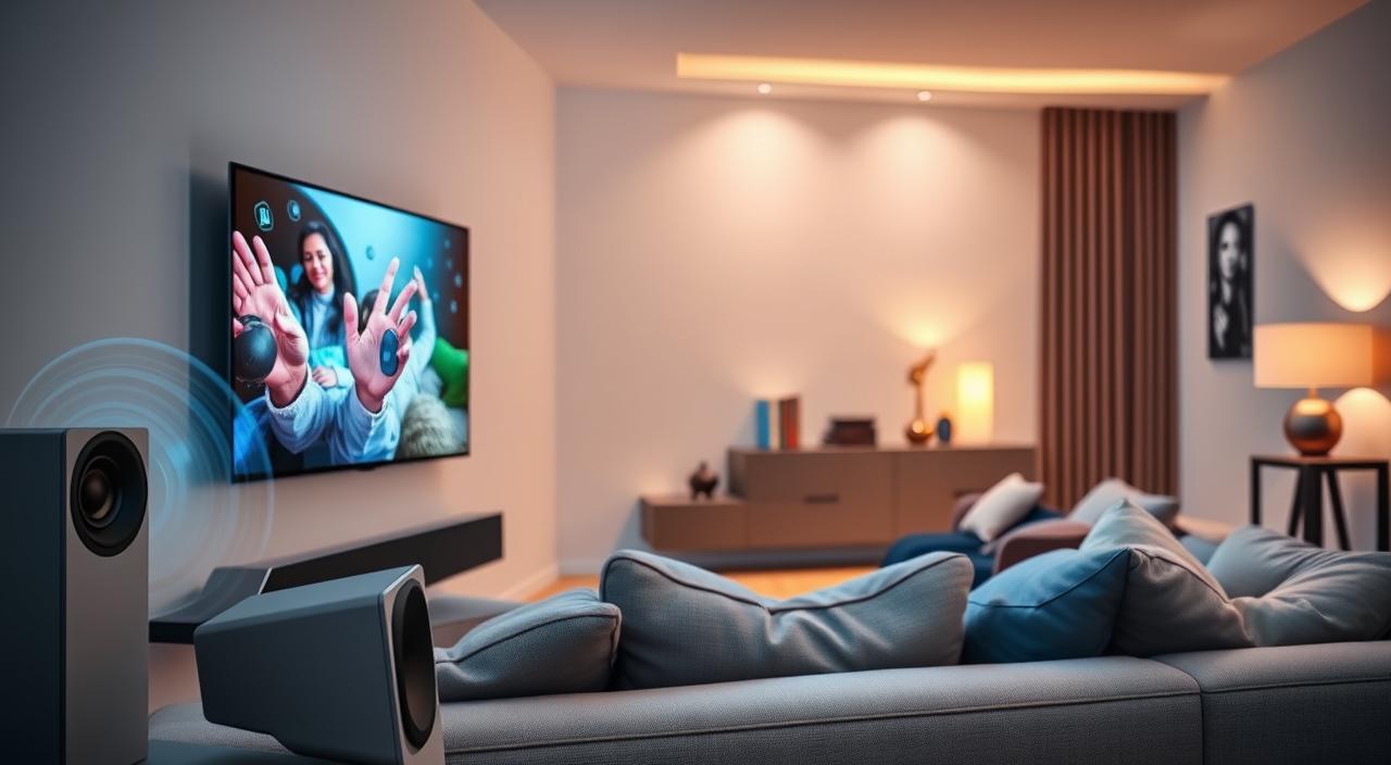 A modern living room showcasing a sleek Smart TV with a 40-inch Full HD, edge-to-edge display, mounted on a minimalist wall. In the foreground, there are stylish speakers seamlessly blending into the decor, symbolizing advanced audio connectivity. The middle ground features a cozy sofa adorned with cushions, inviting viewers to imagine multimedia experiences. In the background, soft ambient lighting emanates from decorative lamps, casting a warm glow. The composition should emphasize connectivity, with subtle hints of wireless symbols or digital waves emanating from the TV, creating a futuristic atmosphere. Use a wide-angle lens to capture the essence of the space, ensuring the scene feels spacious and inviting, evoking a sense of modern, high-tech comfort.