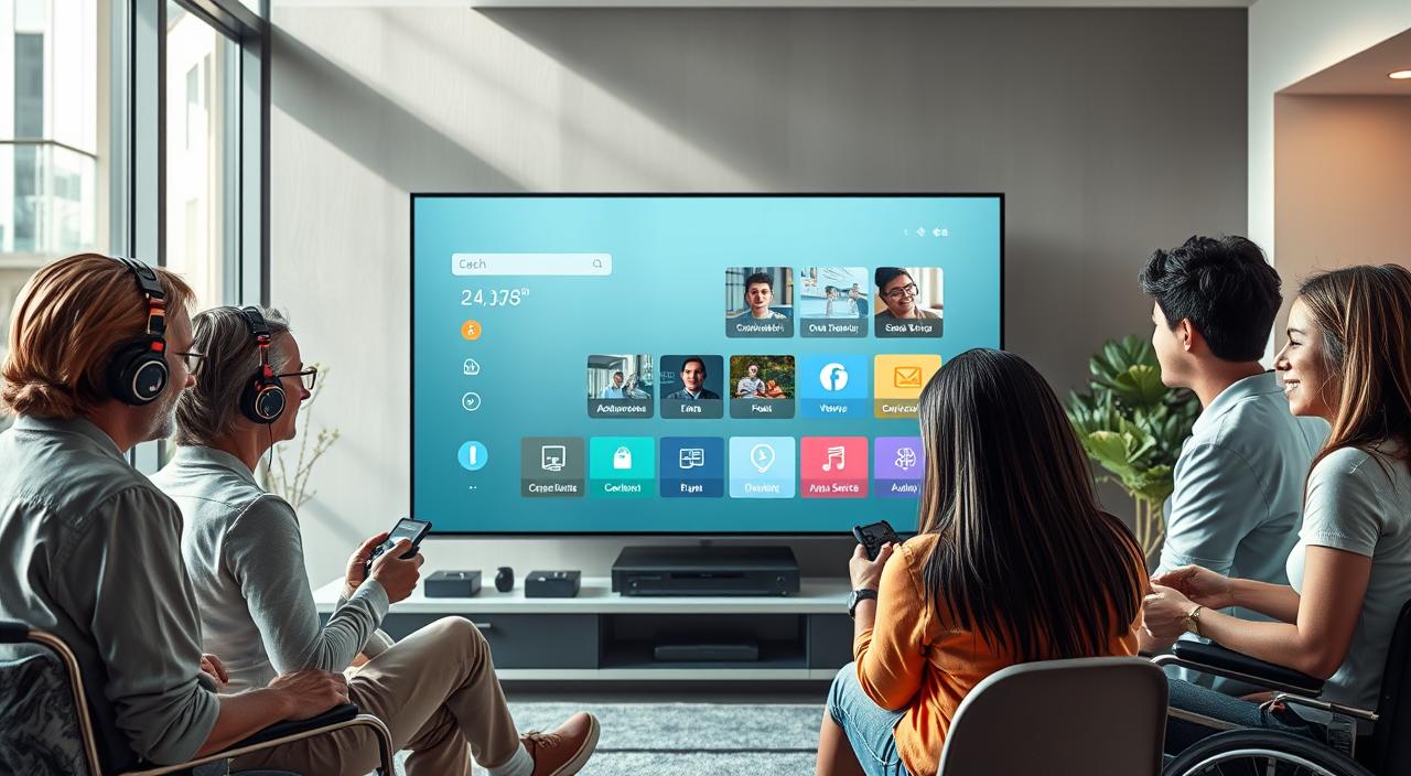 A futuristic, highly accessible television interface showcasing advanced accessibility features. In the foreground, a diverse group of users interacting with the TV using assistive technologies like voice commands, eye-tracking, and specialized controllers. The middle ground depicts a clean, minimalist TV screen displaying engaging educational and public service content, with intuitive icons and navigation menus. The background features a sleek, modern living room environment, with abundant natural lighting and calming colors, conveying a sense of inclusivity and empowerment. The scene radiates a sense of technological progress, social equity, and the transformative potential of TV 3.0 for accessibility, education, and public services.