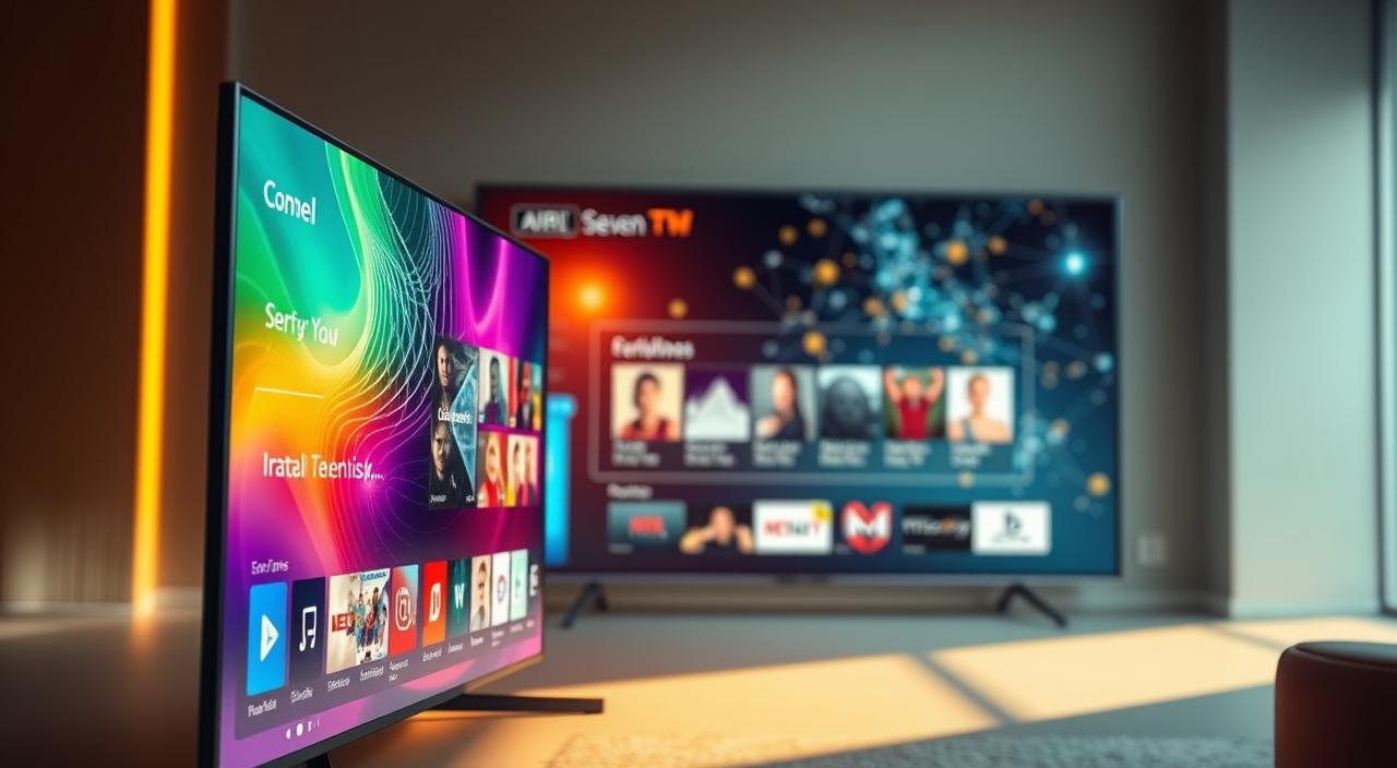 A vibrant and immersive smart TV interface, showcasing a seamless blend of interactivity and personalization. In the foreground, a sleek, edge-to-edge display presents a dynamic menu system, with intuitive gestures and responsive controls. The middle ground features a personalized content carousel, reflecting the viewer's preferences and viewing history. In the background, a subtle yet captivating visualization of data streams and interconnected devices illustrates the intelligent connectivity of TV 3.0. The lighting is warm and inviting, creating a sense of comfort and engagement. The camera angle is slightly elevated, offering a panoramic view of the interactive experience, conveying the transformative nature of this new era of television.