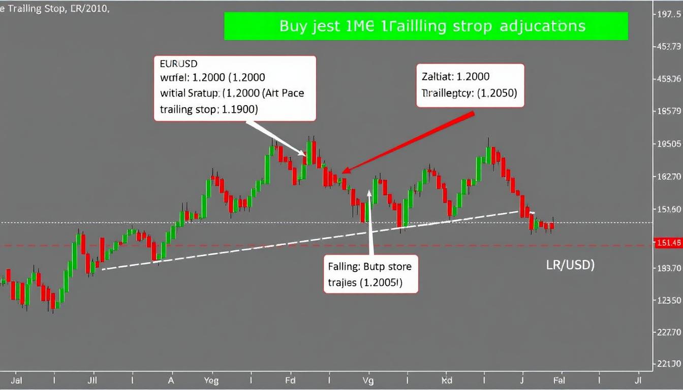 Chart showing trailing stop adjusting upward as price rises and triggering when price falls
