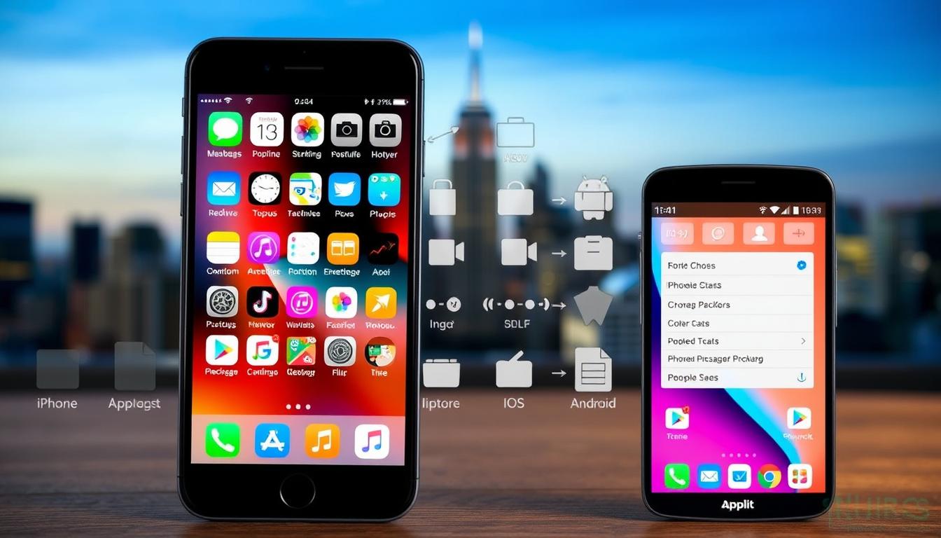 A side-by-side comparison of iOS and Android device customization. In the foreground, an iPhone and an Android smartphone, each showcasing a unique home screen layout with carefully curated app icons, widgets, and wallpapers. The iPhone displays a sleek, minimalist design, while the Android device boasts a more customizable, vibrant interface. In the middle ground, various customization tools and options are depicted, highlighting the flexibility of the Android platform versus the more rigid structure of iOS. The background features a blurred cityscape, evoking a modern, technology-driven atmosphere. Lighting is soft and diffused, creating a balanced, professional aesthetic.