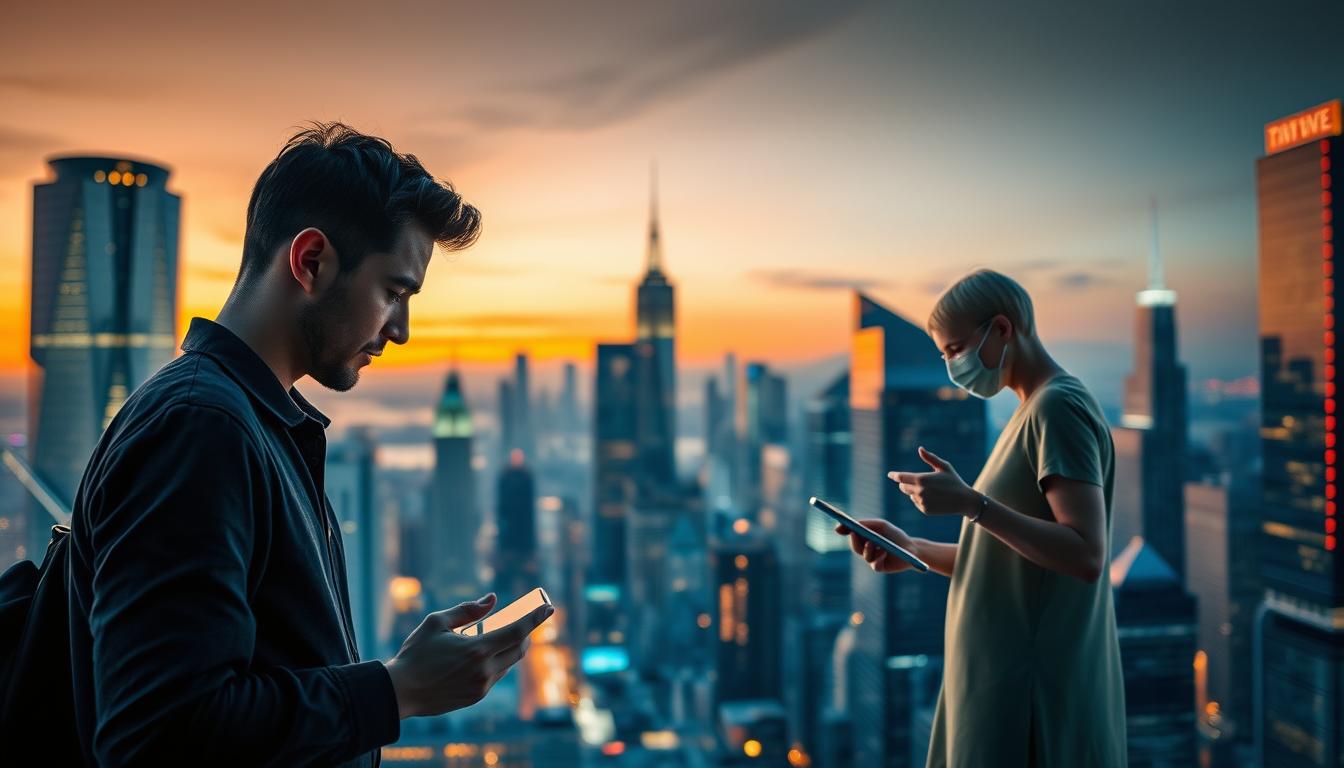 A bustling city skyline at dusk, with two contrasting user experiences taking center stage. In the foreground, an iPhone user navigates a sleek, minimalist interface, their gestures smooth and intuitive. In the middle ground, an Android user explores a vibrant, customizable landscape, their interactions dynamic and personalized. The background features a blend of neon-lit skyscrapers, reflecting the cutting-edge technology powering these mobile platforms. The scene is bathed in a warm, golden glow, conveying a sense of sophistication and modernity. The overall mood is one of a harmonious balance between simplicity and flexibility, hinting at the unique strengths of each mobile ecosystem.