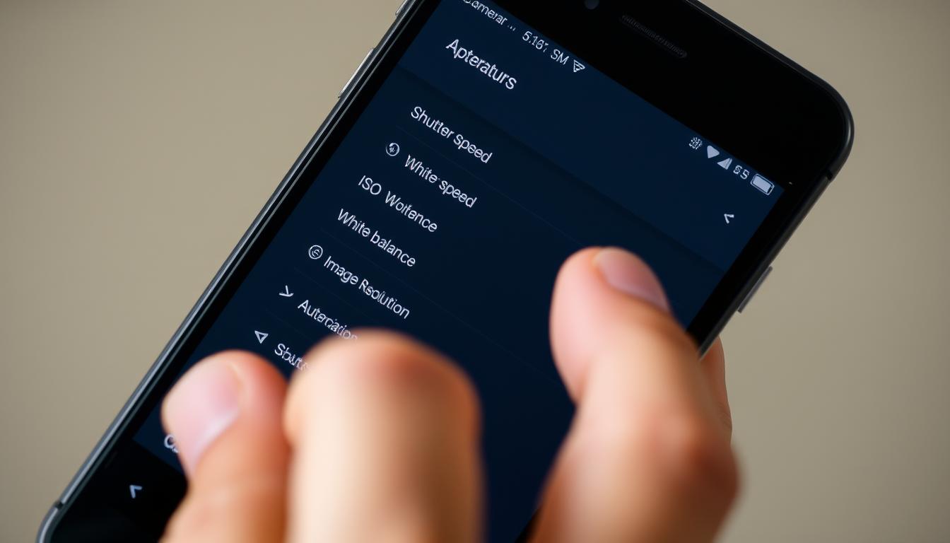 a detailed close-up view of a smartphone screen displaying various camera settings and options, such as aperture, shutter speed, ISO, white balance, and image resolution. The screen is well-lit and the settings are clearly visible, with a clean, minimalist user interface design. The phone is held in a hand, with the fingers gently touching the screen, giving a sense of interactivity and control. The background is out of focus, creating a soft, blurred effect that draws the viewer's attention to the camera settings on the screen. The overall mood is one of professionalism and technical expertise, conveying the idea of mastering smartphone photography.