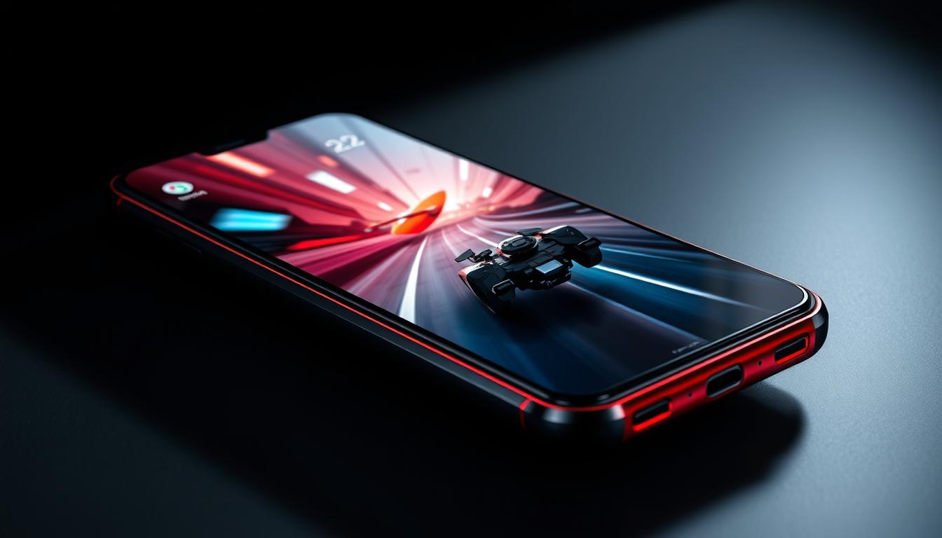 Detailed high-resolution image of the Nubia RedMagic 9 Pro smartphone, showcasing its sleek metallic and glass design with striking red accents. The device is placed in a dimly lit studio setting with dramatic side lighting, casting shadows that accentuate the phone's sharp edges and curves. The screen is illuminated, displaying a fast-paced gaming scene with a high refresh rate. The background is blurred, keeping the focus on the phone's premium flagship aesthetics and advanced display technology.