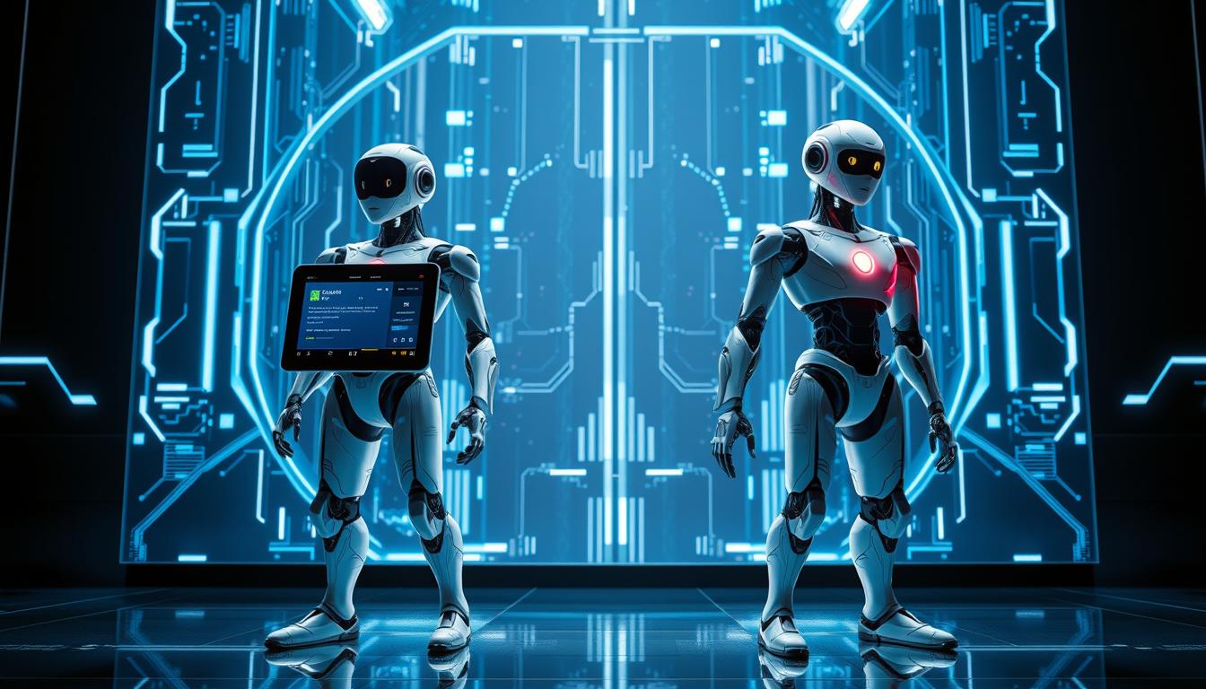 مقارنة تفصيلية بين نظامي الذكاء الاصطناعي جيميني وسورا، معروضة في صورة أنيقة وعالية التقنية. على خلفية ثلاثية الأبعاد مستقبلية، تُظهر الصورة مساعدي الذكاء الاصطناعي في أوضاع ديناميكية، مع عرض كامل لواجهاتهما وقدراتهما المتقدمة. جيميني، بتصميمه البسيط والأنيق، يقف متأهبًا ومستعدًا، بينما سورا، بجمالياته العضوية والمحاكيّة للطبيعة، يبدو في حالة تأمل. تُبرز اللمسات الدقيقة والمرمزة بالألوان سماتهما ونقاط قوتهما المميزة، مما يدعو المشاهد لاستكشاف مزايا كل منهما وتقييمها. تُضفي الإضاءة الدرامية والزوايا السينمائية الانسيابية لمسة من الاحترافية والقوة، بما يتناسب مع الطابع الرسمي للموضوع.