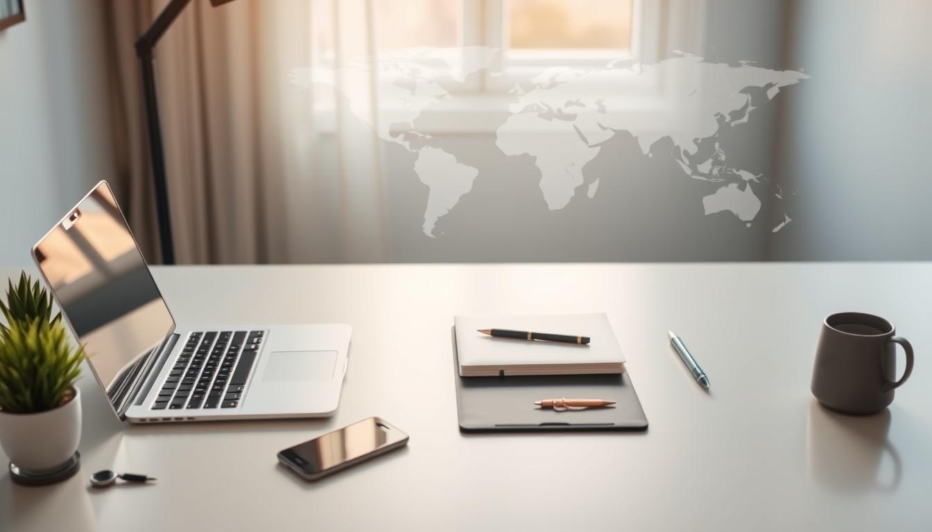 A serene workspace with a laptop, smartphone, and various online business tools on a minimalist desk. Soft natural lighting filters through a window, casting a warm glow. In the background, a stylized world map or network visualizations symbolize the global reach of internet-based opportunities. The composition conveys a sense of focus, productivity, and the potential for financial freedom associated with online income streams.