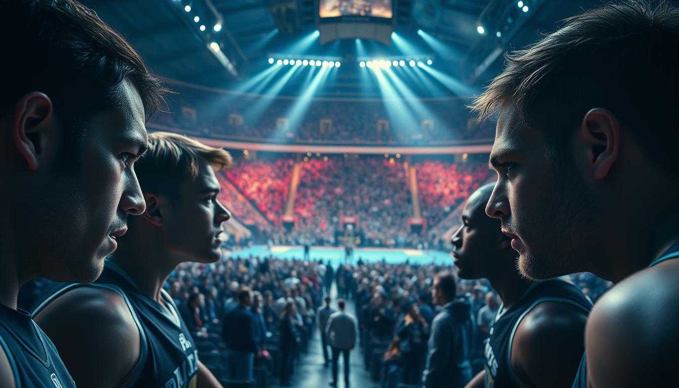 A bustling sports arena, the stage for today's underdog matchups. In the foreground, intense close-ups of determined athletes, their eyes filled with fierce determination as they square off against formidable opponents. In the middle ground, the audience holds their collective breath, the electricity in the air palpable. The background reveals the grand scale of the event, with sweeping views of the stadium's architecture and the anticipation-filled crowd. Dramatic lighting casts long shadows, heightening the drama and tension. Capture the thrill of the unexpected, the triumph of the underdog, in a bold, cinematic composition.