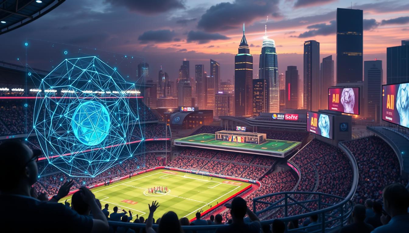 An intricately detailed, highly realistic digital illustration depicting the intersection of AI and sports betting technology. In the foreground, a complex algorithmic model is visualized, its data streams and predictive analytics displayed on a sleek, holographic interface. In the middle ground, a sports stadium comes into focus, filled with cheering fans and dynamic gameplay. The background showcases a bustling city skyline, with towering skyscrapers and neon-lit billboards advertising the latest AI-powered betting platforms. The overall composition conveys a sense of innovation, technology, and the transformative power of artificial intelligence in the world of sports and betting.