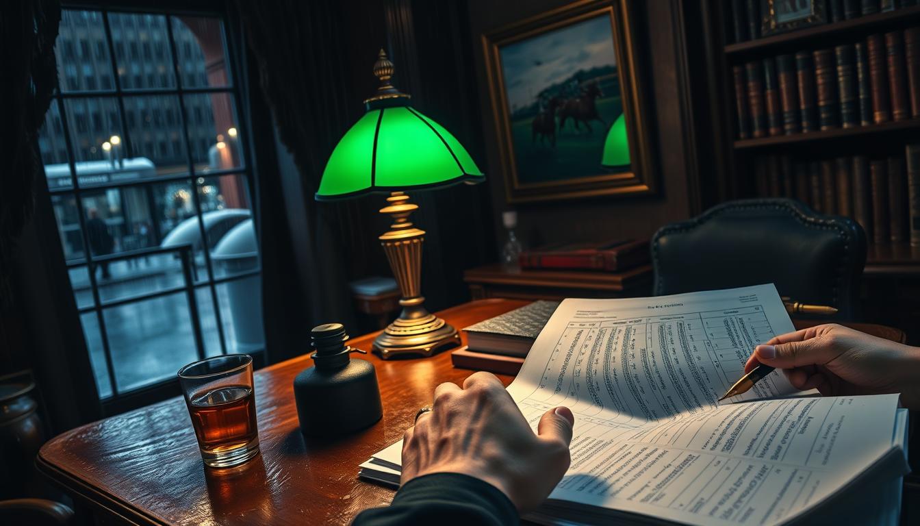 A dimly lit study with an ornate wooden desk, a green-shaded lamp casting warm light. On the desk, an open ledger, a stack of betting slips, a fountain pen, and a glass of amber liquid. In the foreground, a pair of hands carefully studying a race program, weighing the odds, timing the wager. The background features shelves of leather-bound books, a framed racing poster, and a window overlooking a rain-soaked city street. The composition evokes a sense of focused contemplation, the weight of high-stakes decisions, and the thrill of the gamble.