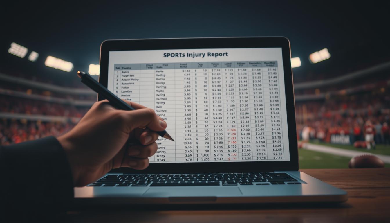 A high-contrast, cinematic image of a sports injury report on a laptop screen, cast in dramatic lighting. In the foreground, a hand holding a pen hovers over a spreadsheet filled with player injury details and betting odds. The middle ground features a blurred sports stadium in the background, evoking the anxious atmosphere of a game day. The scene conveys the gravity and tension of how critical injury data can be for informed sports betting decisions. Subtle film grain and depth-of-field blur add a sense of realism and editorial photographic style.