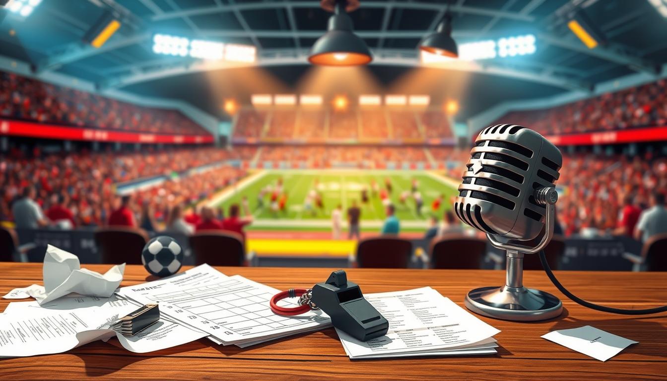 A stylized illustration of sports betting predictions and free picks. In the foreground, a sports referee's whistle and a stack of betting slips sit on a wooden table, surrounded by crumpled paper, sports-themed icons, and a vintage microphone. The middle ground features a dramatic overhead lighting setup, casting dramatic shadows and highlights. In the background, a blurred sports arena with cheering crowds can be seen, suggesting the high-stakes and excitement of sports betting. The overall mood is one of anticipation, strategy, and the thrill of the game.