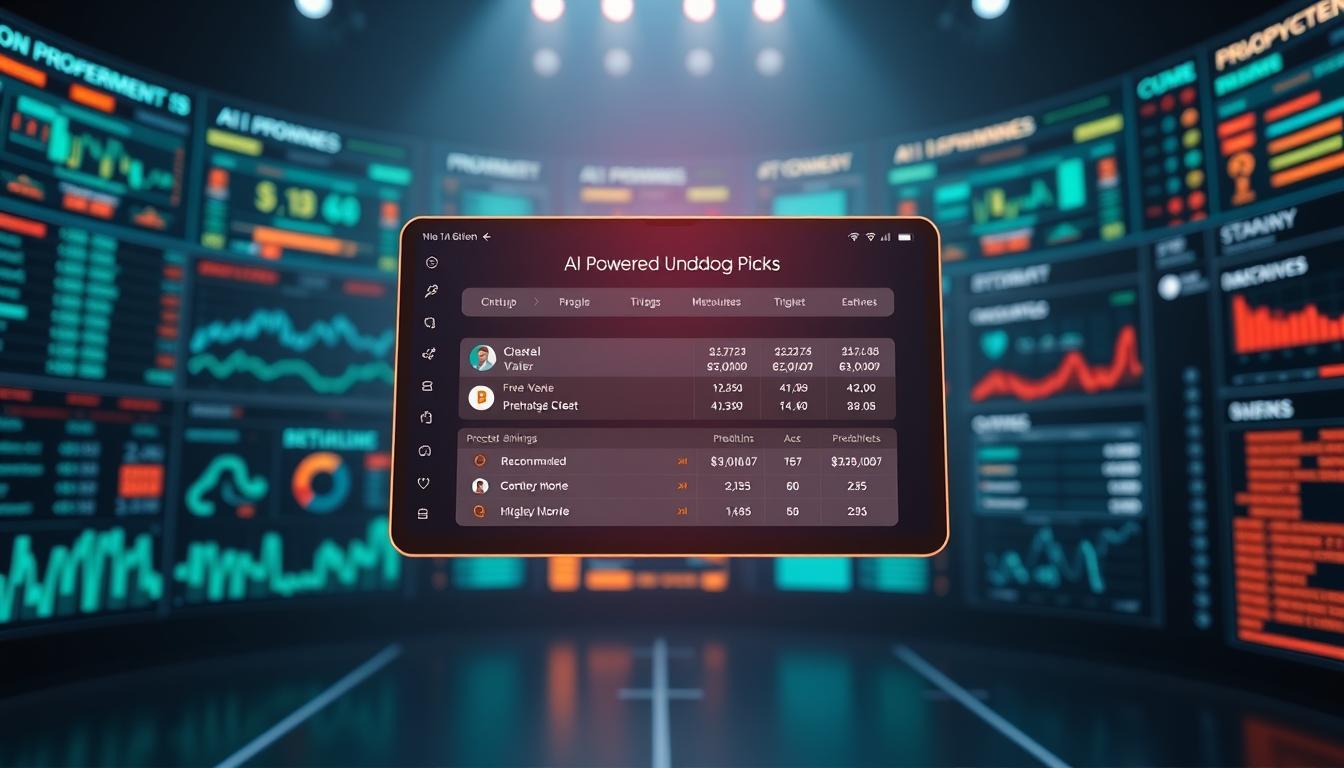 A sleek, futuristic sports betting interface hovers against a backdrop of glowing data streams and predictive analytics dashboards. In the foreground, an AI-powered algorithm displays recommended underdog picks, their probabilities, and projected earnings, all rendered in a clean, minimalist style under dramatic studio lighting. The scene conveys a sense of technological sophistication and data-driven decision-making, hinting at the power of AI to reveal hidden opportunities in the unpredictable world of sports betting.