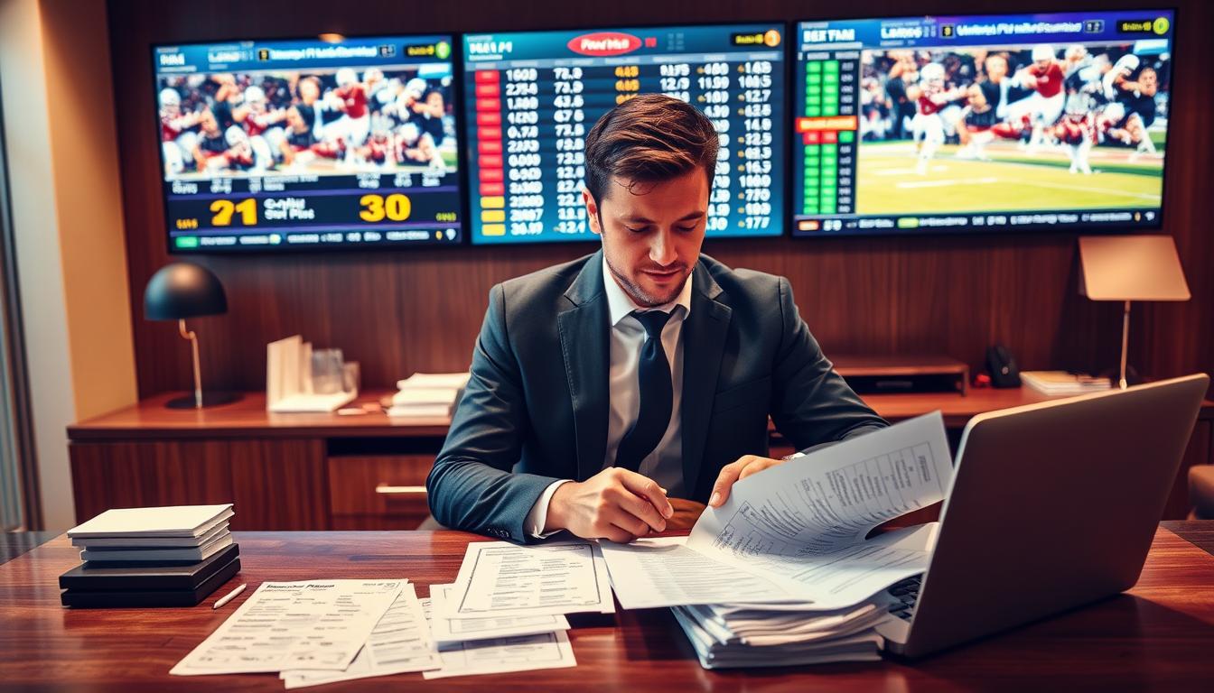 A stylish, modern office setting, with a large wooden desk and an array of betting slips, sports stats, and a laptop displaying various sports odds. In the foreground, a confident-looking individual in a sharp suit examining the betting strategies and analytics, surrounded by a palpable sense of focus and determination. Behind them, a wall-mounted flatscreen displays real-time sports scores and highlights, creating an atmosphere of high-stakes decision-making. Warm, directional lighting illuminates the scene, casting dramatic shadows and highlighting the concentration on the subject's face. The overall composition conveys a sense of calculated risk-taking and the pursuit of a winning underdog betting strategy.