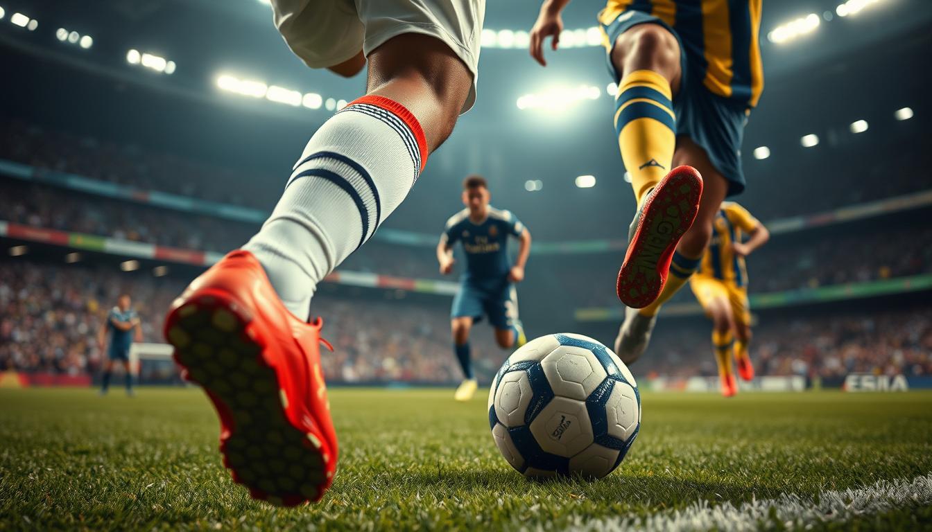 A detailed technical analysis of Neymar's dribbling skills in a soccer match. Foreground shows a high-definition close-up of Neymar's feet as he expertly maneuvers the ball, his nimble movements captured mid-action. Middle ground depicts Neymar in full stride, weaving through defenders with precision and flair. Background features a blurred stadium setting, conveying the intensity and energy of the match. Lighting is focused on Neymar, accentuating his control and dynamism. Cinematic camera angles provide a dynamic perspective, immersing the viewer in the technical mastery of Neymar's dribbling abilities.