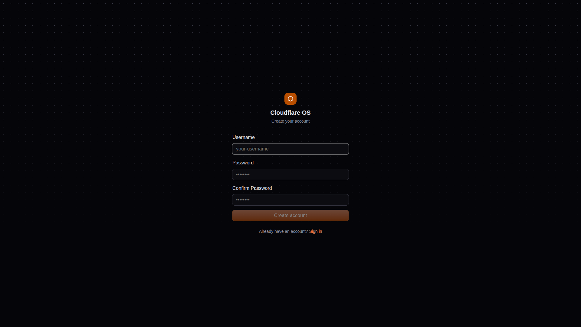 Pantalla de inicio de sesión de Cloudflare OS pidiendo solo usuario y contraseña