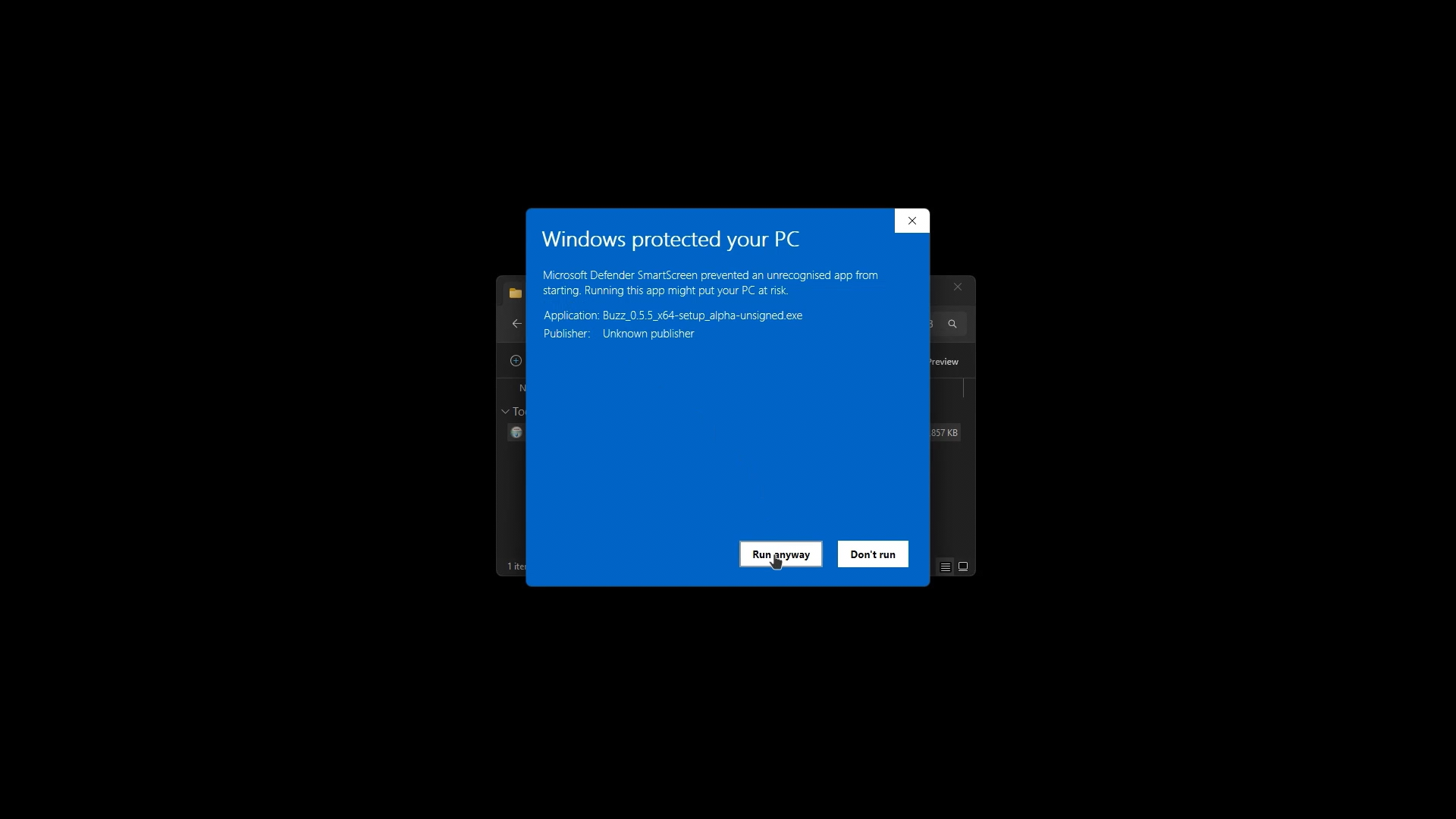 Aviso de Windows SmartScreen para el instalador de Buzz, con la opción de ejecutar de todas formas resaltada