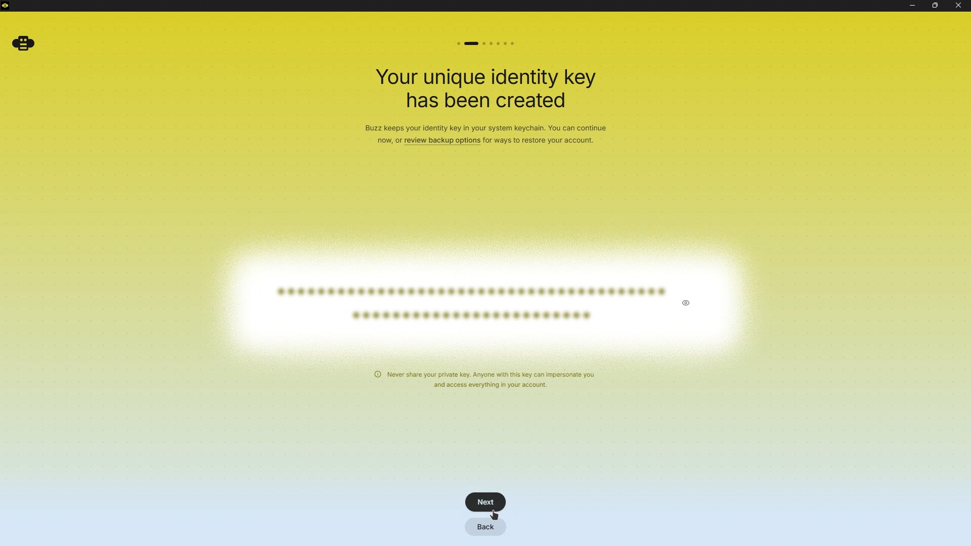 Pantalla de creación de la clave de identidad en Buzz con la clave oculta y el icono para revelarla visible