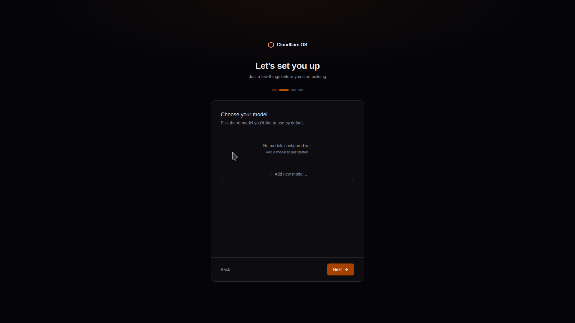 Pantalla de onboarding de Cloudflare OS mostrando 'No models configured yet' antes de agregar un proveedor de IA