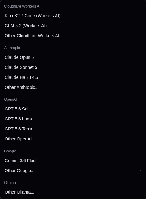 Desplegable de proveedores de modelo de Cloudflare OS listando Cloudflare, Anthropic, OpenAI y Google