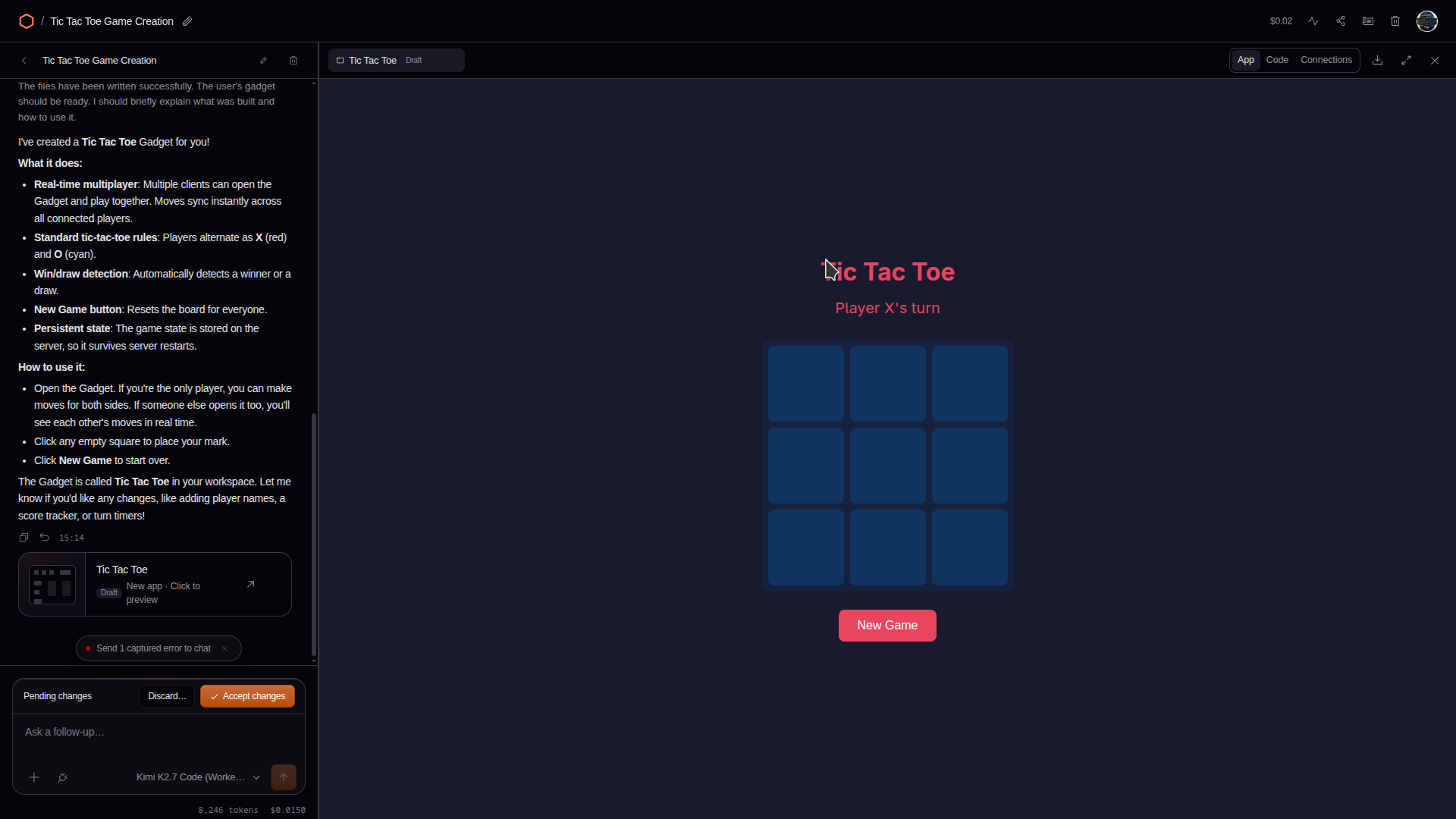 Un Gadget de tic tac toe construido por Cloudflare OS con la interfaz rota al renderizar por primera vez