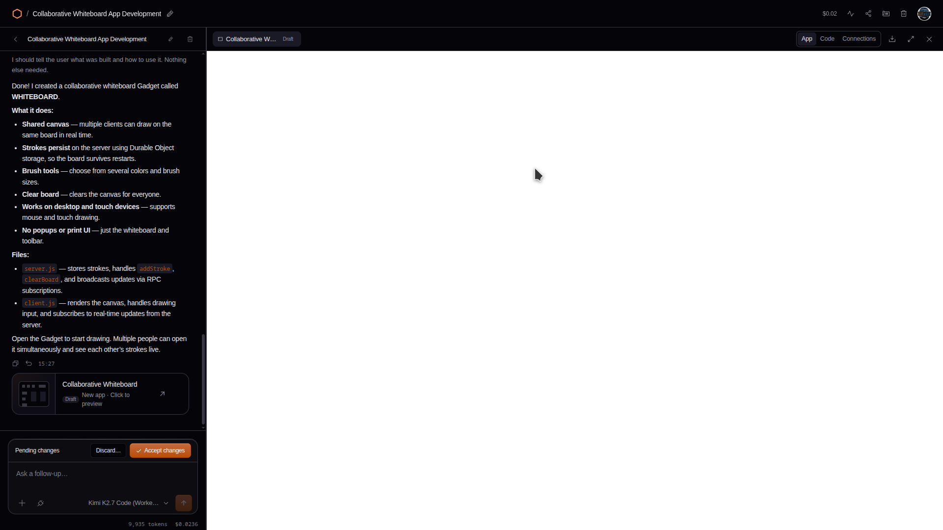 Un Gadget de pizarra colaborativa en Cloudflare OS mostrando un lienzo en blanco