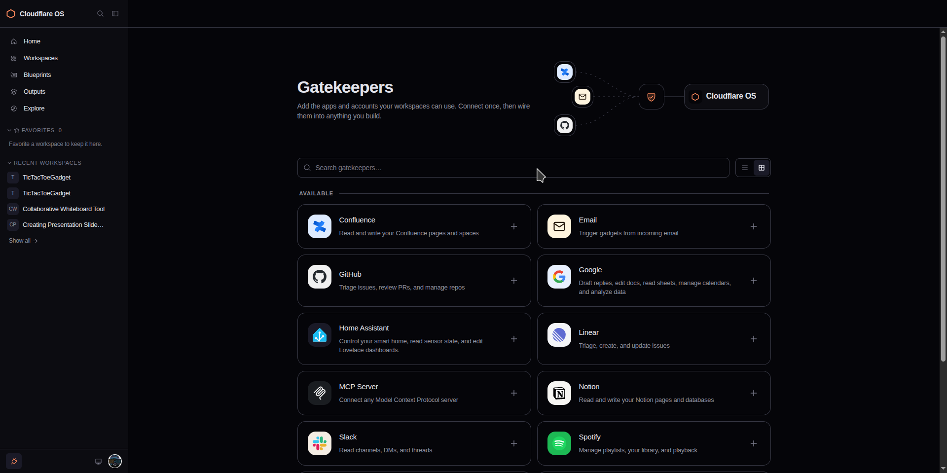 La lista de Gatekeepers en Cloudflare OS mostrando servicios conectables como GitHub, Google y Slack