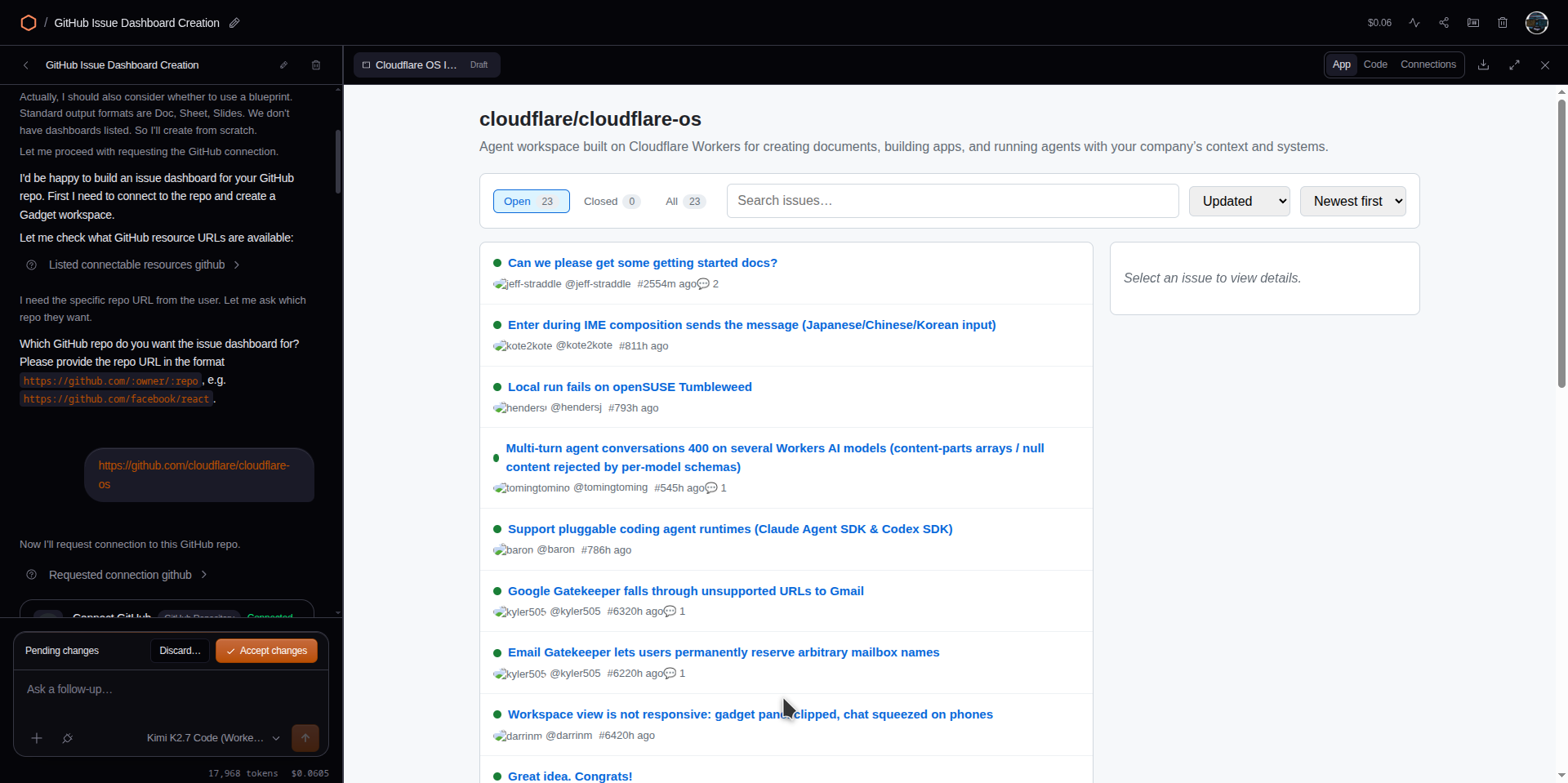 Un dashboard de issues funcionando, construido por un agente contra un repositorio real de GitHub