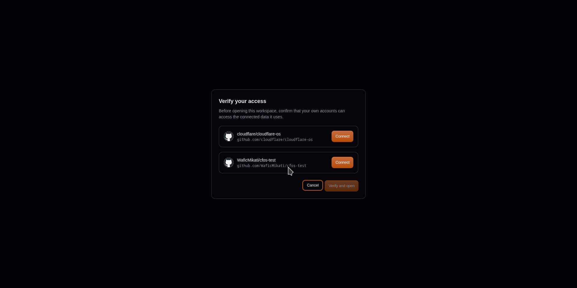La pantalla Verify your access bloqueando a una segunda cuenta de abrir un workspace compartido