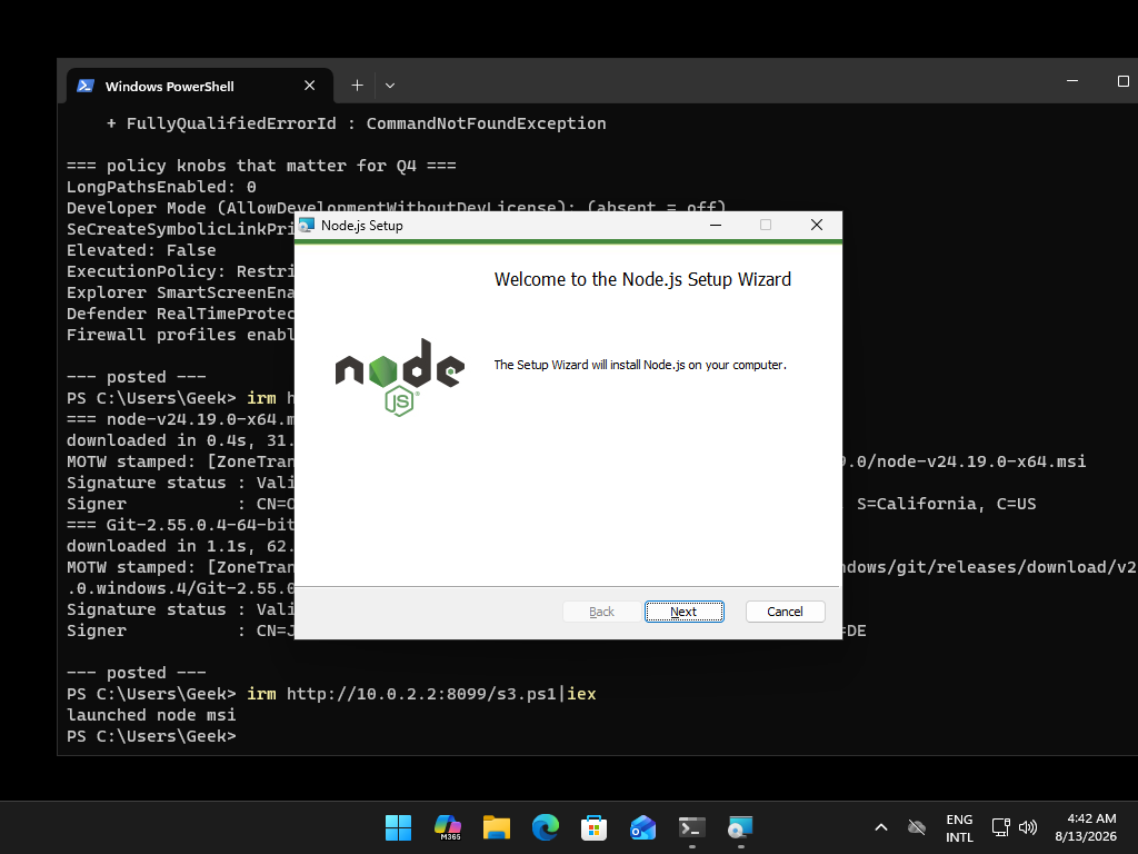 Instalador de Node.js corriendo en una máquina limpia con Windows 11, sin aviso de SmartScreen